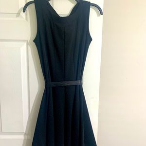 Petite Small. Black dress. Black ribbon belt. Sleeveless.